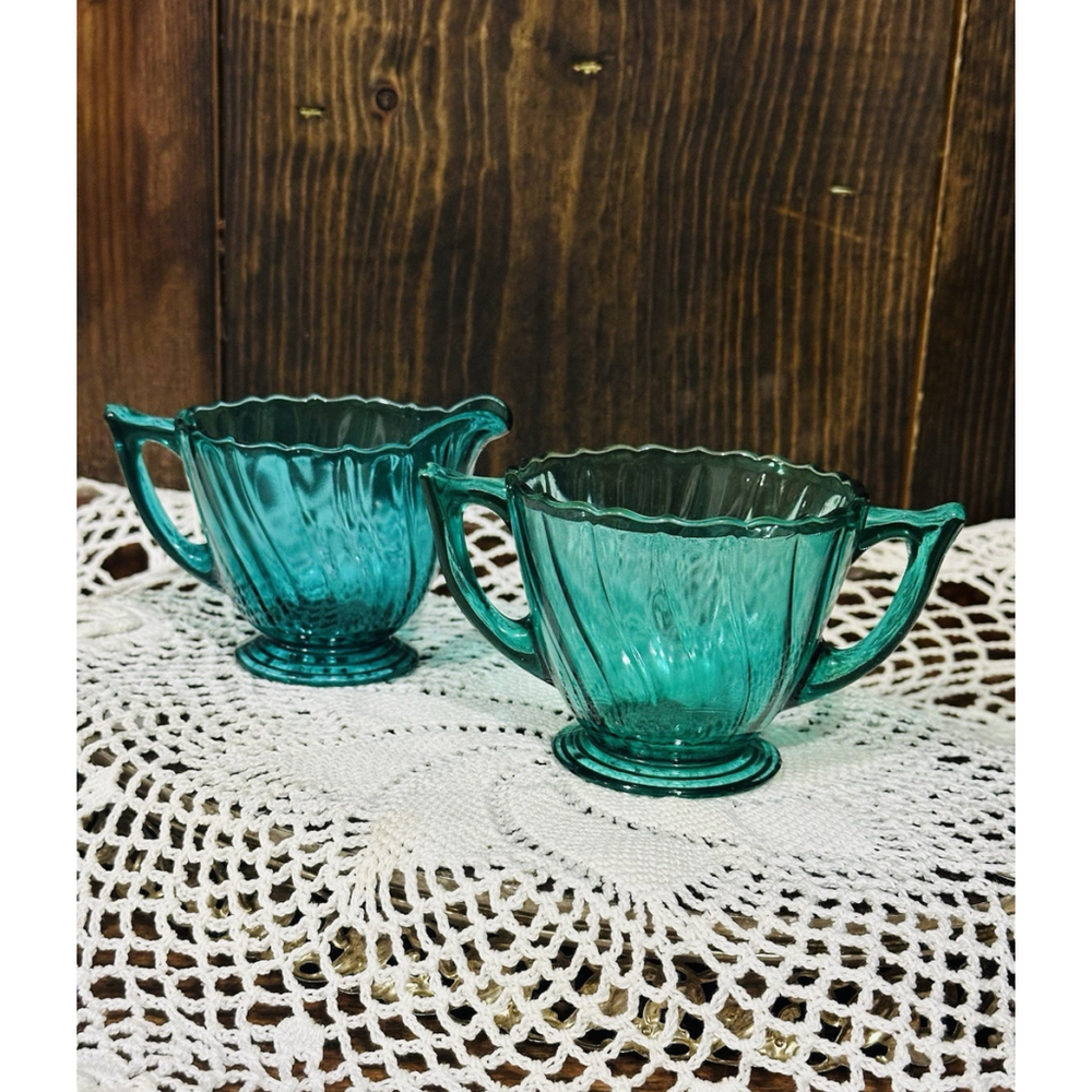 Vintage Green Depression Glass Sugar and Creamer Set Jeanette Ultramarine Swirl